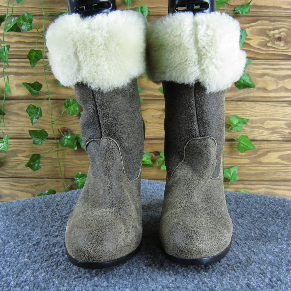 Womens Ankle Boots High Heel‎ Sheep Fur Cuff Taupe Brown Western Booties